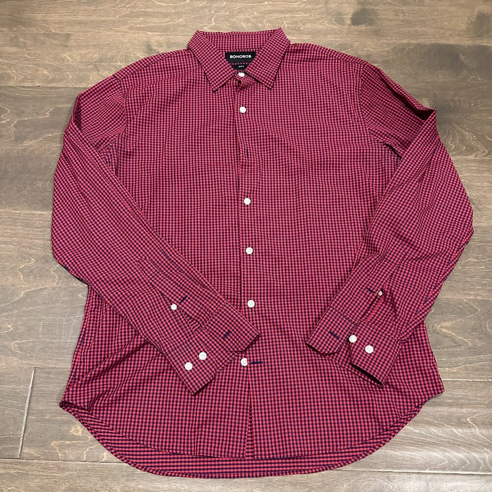 Bonobos Red with Blue Check L/S Slim Shirt, Large
